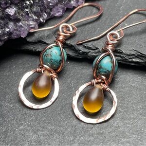 Artisan Copper and Wrapped Turquoise Dangle Earrings